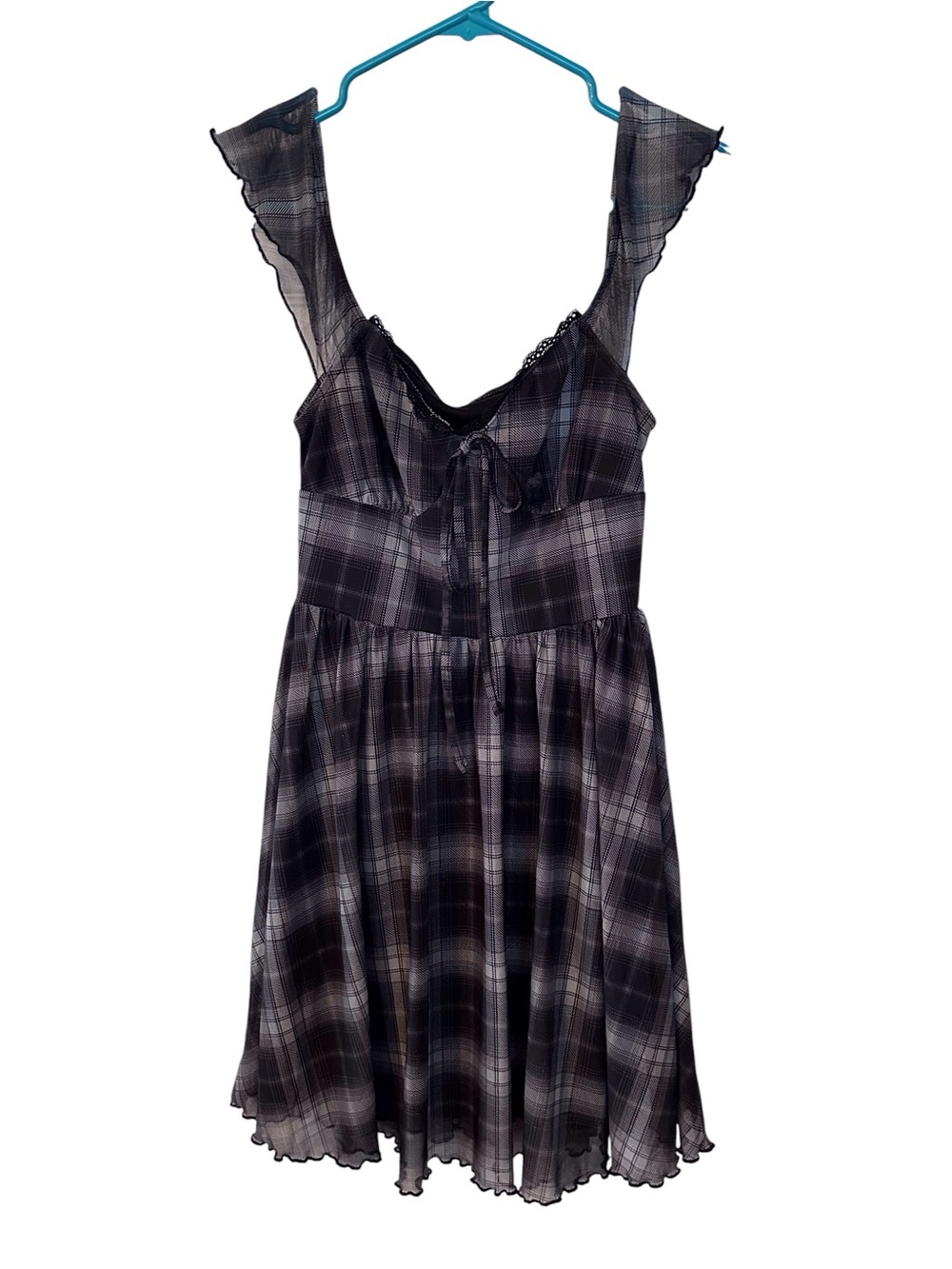 SHEIN Charcoal Plaid Sheer Ruffle-Trim Nightdress